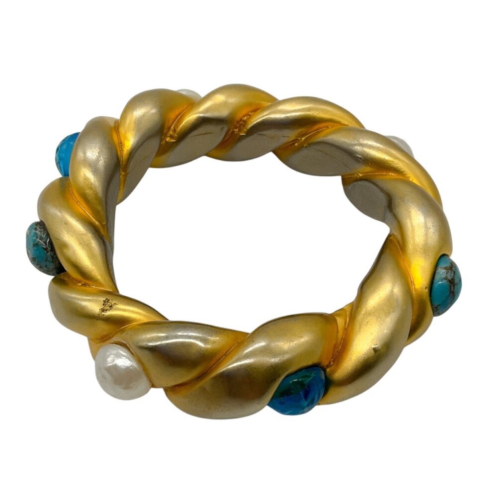 Chanel Vintage Pearl and Aqua Resin Embellished Gold Enamel Chunky Bangle Bracel - Picture 3 of 7